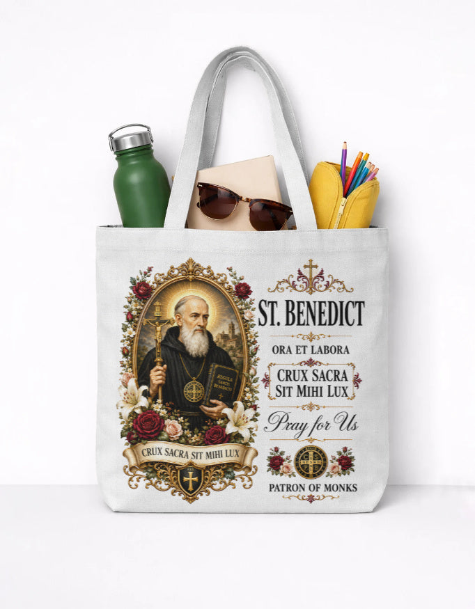 Catholic St. Benedict Medal Floral Tote Bag with Pockets